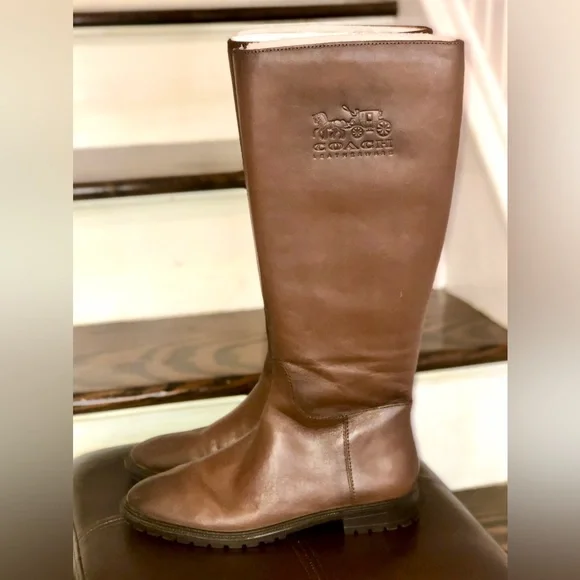 COACH Brown Leather Knee High Moto Riding Boots Sz 9.5 NWOB - Picture 3 of 10